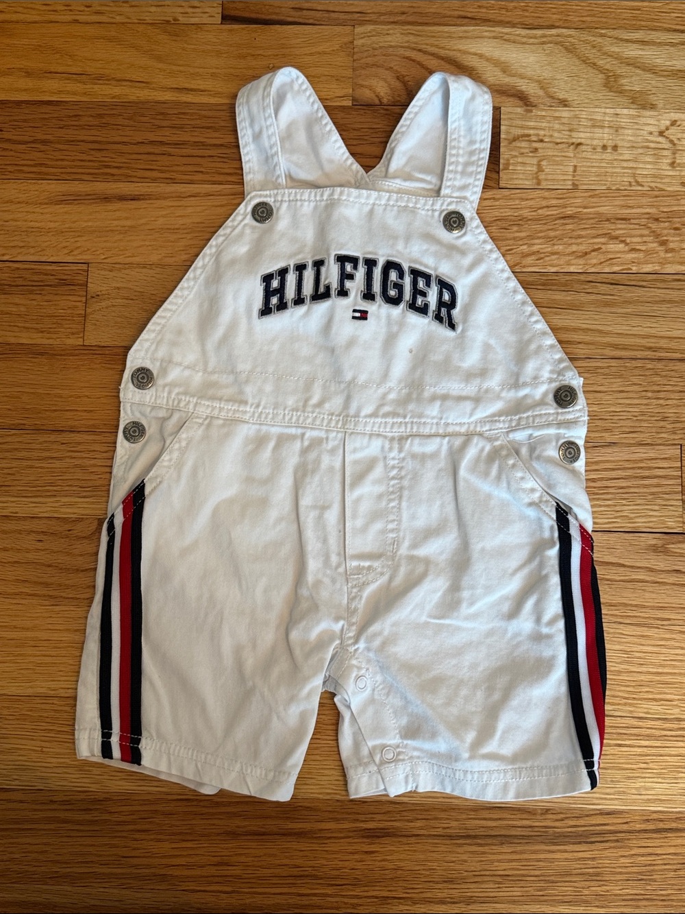 Tommy Hilfiger White Overalls with Red & Navy Side Stripes